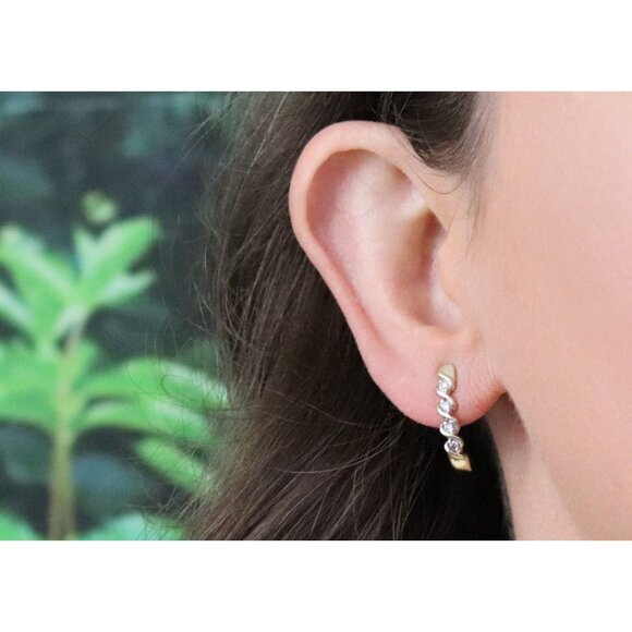 10k Yellow Gold Diamond Half Hoop Earrings 3/4" x 1/4" - Picture 3 of 9